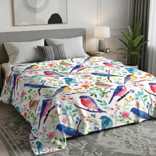 Colourful Birds & Whimsical Flowers Pattern Fleece Blanket
