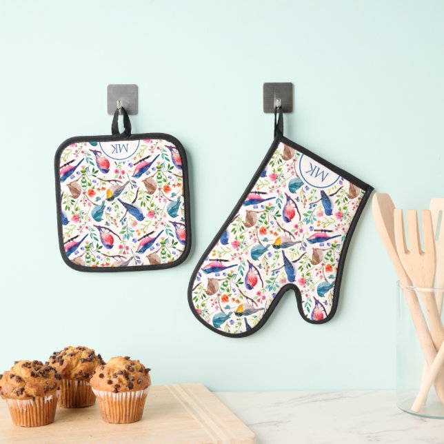 Colourful Birds & Whimsical Flowers Pattern Oven Mitt & Pot Holder Set (Insitu(Hanging))