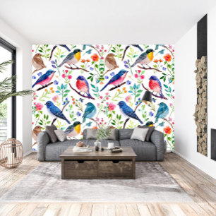 Colourful Birds & Whimsical Flowers Pattern Wallpaper