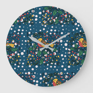Colourful Birds With Blue Vintage Floral Pattern Large Clock