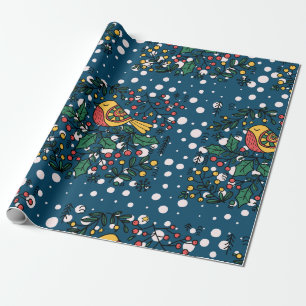 Colourful Birds With Blue Vintage Floral Pattern Wrapping Paper