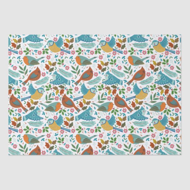 Colourful birds with winter and Christmas symbols Tissue Paper (Front)