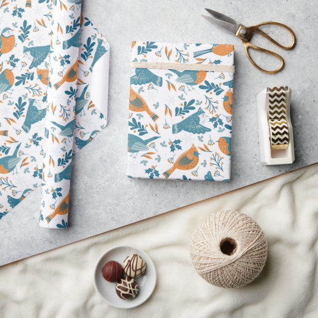 Colourful birds with winter and Christmas symbols Wrapping Paper (Crafts)