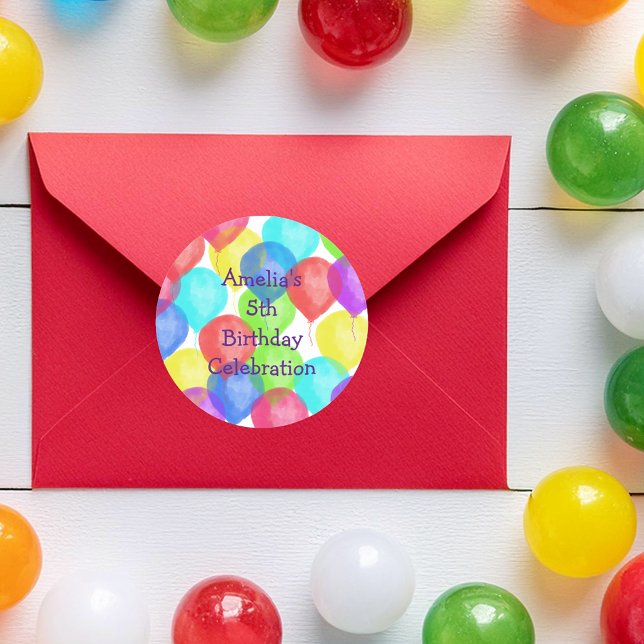Colourful Birthday Balloon Party Invitation Classic Round Sticker (Creator Uploaded)