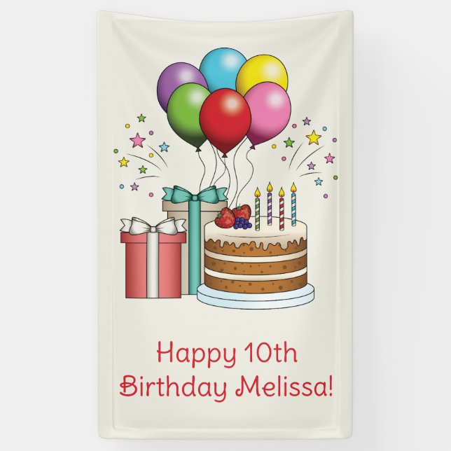 Colourful Birthday Balloons With Cake And Presents Banner (Vertical)