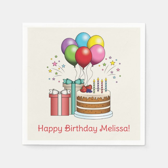 Colourful Birthday Balloons With Cake And Presents Napkin (Front)