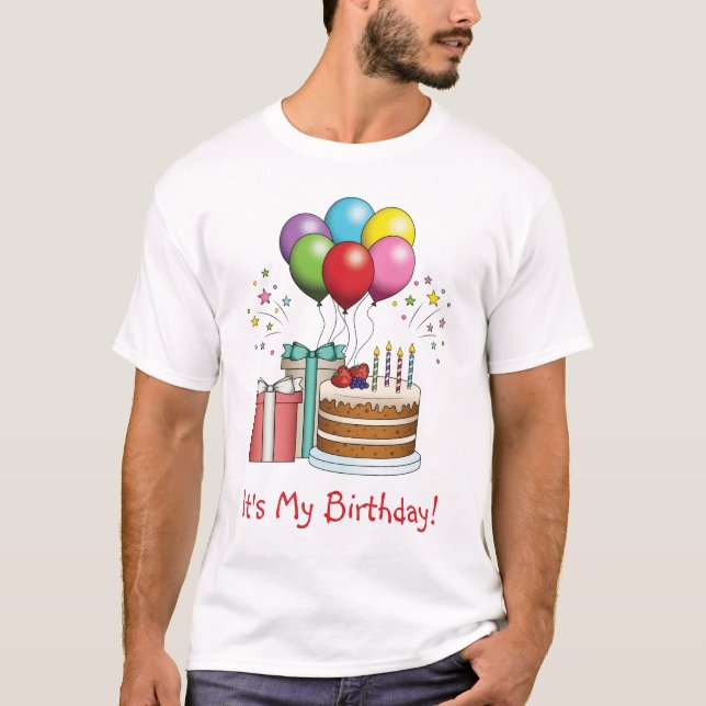 Colourful Birthday Balloons With Cake And Presents T-Shirt (Front)