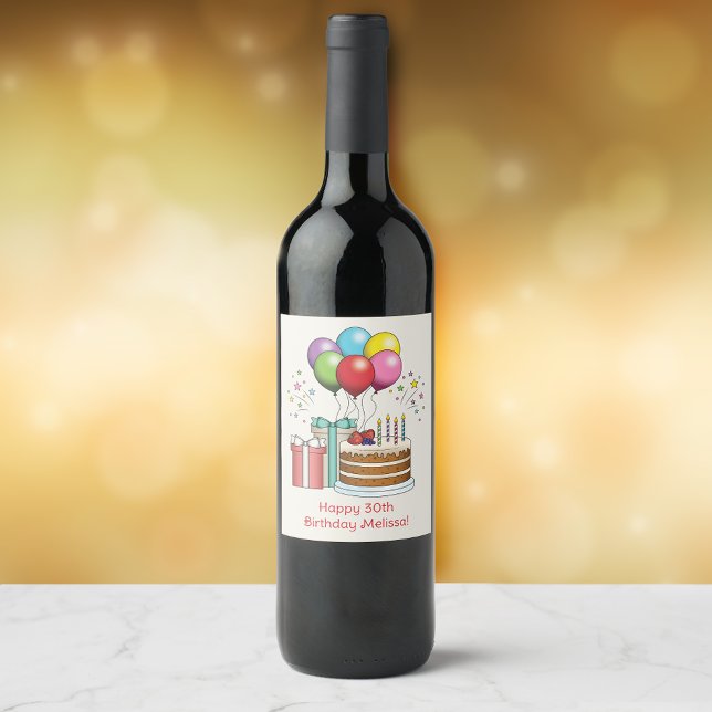 Colourful Birthday Balloons With Cake And Presents Wine Label (Creator Uploaded)