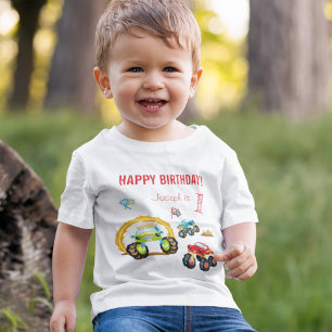 Colourful Birthday Boy Monster Trucks with Name Ag Baby T-Shirt