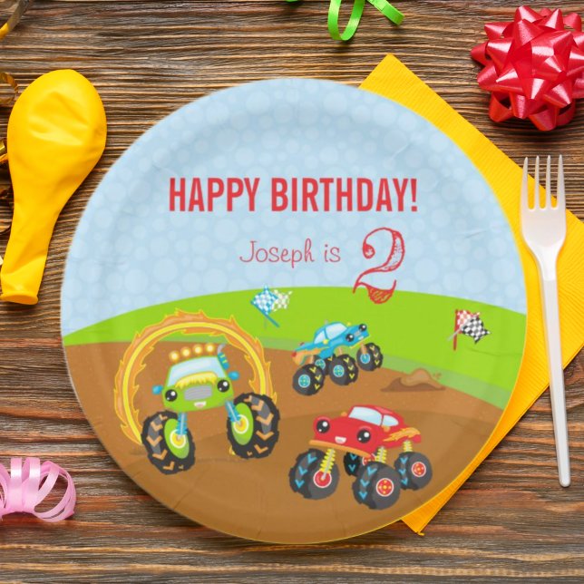 Colourful Birthday Boy Monster Trucks with Name Ag Paper Plate (Creator Uploaded)