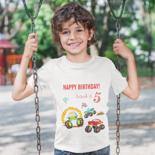 Colourful Birthday Boy Monster Trucks with Name Ag T-Shirt