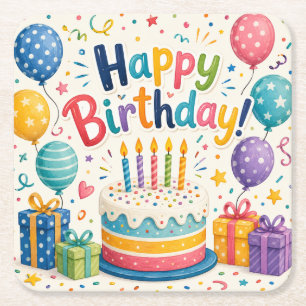 Colourful Birthday Cake and Balloons Festive Paper Square Paper Coaster