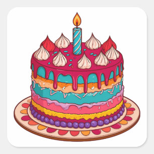 Colourful Birthday Cake with Candle Square Sticker