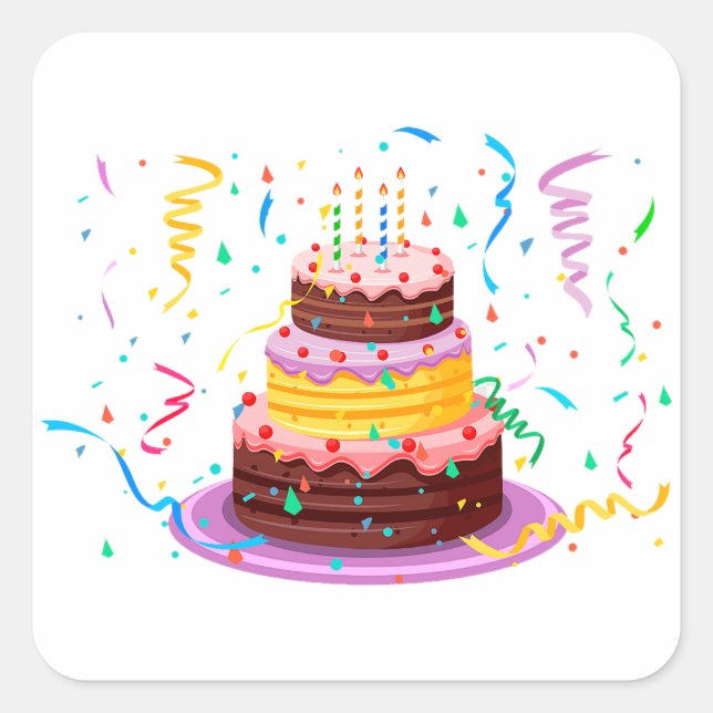 Colourful Birthday Cake with Candles Square Sticker (Front)