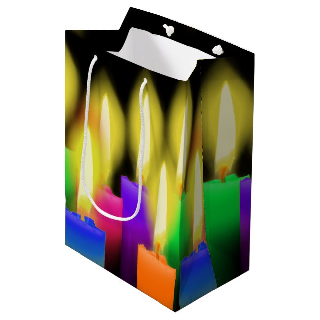 Colourful Birthday Candles on Black Medium Gift Bag (Front Angled)