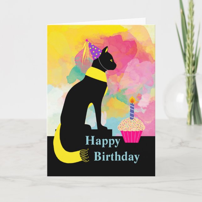 Colourful Birthday Cat with Party Hat, Cupcake Card (Front)