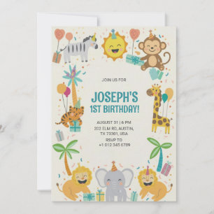 Colourful birthday invitation with cartoon animals