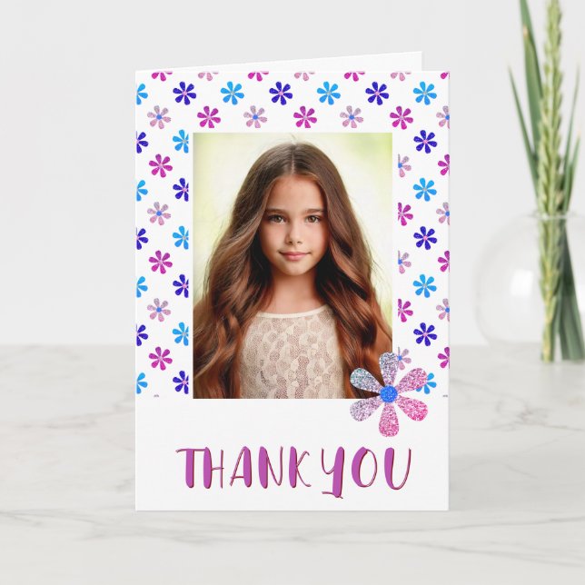 Colourful Birthday Kids Girl 2 Photo Thank you Card (Front)