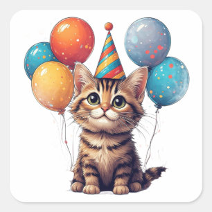 Colourful Birthday Kitten With Balloons Square Sticker