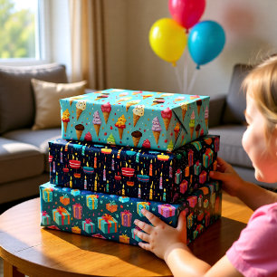 Colourful birthday party set of 3 wrapping paper sheet
