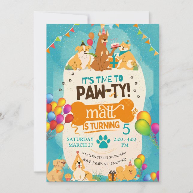 Colourful Birthday Paw-ty Cute Puppy Dogs  Invitation (Front)