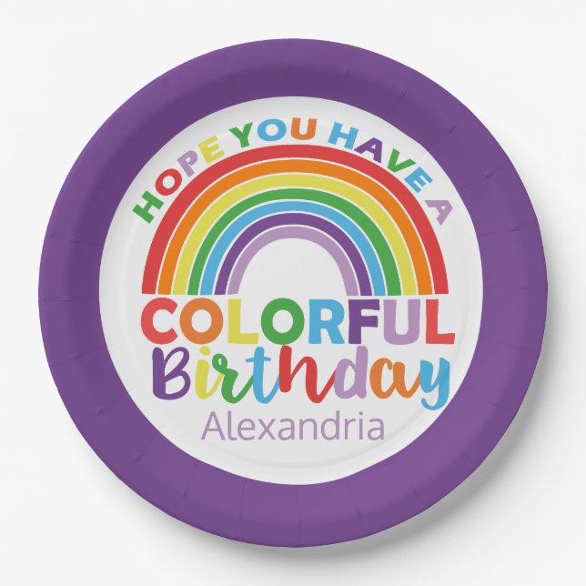 Colourful Birthday Rainbow Personalised Kids Girly Paper Plate (Front)