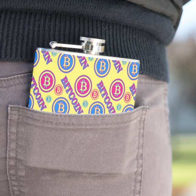 Colourful Bitcoin Pattern Hip Flask (In Situ)