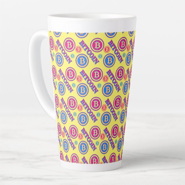 Colourful Bitcoin Pattern Latte Mug (Left Angle)