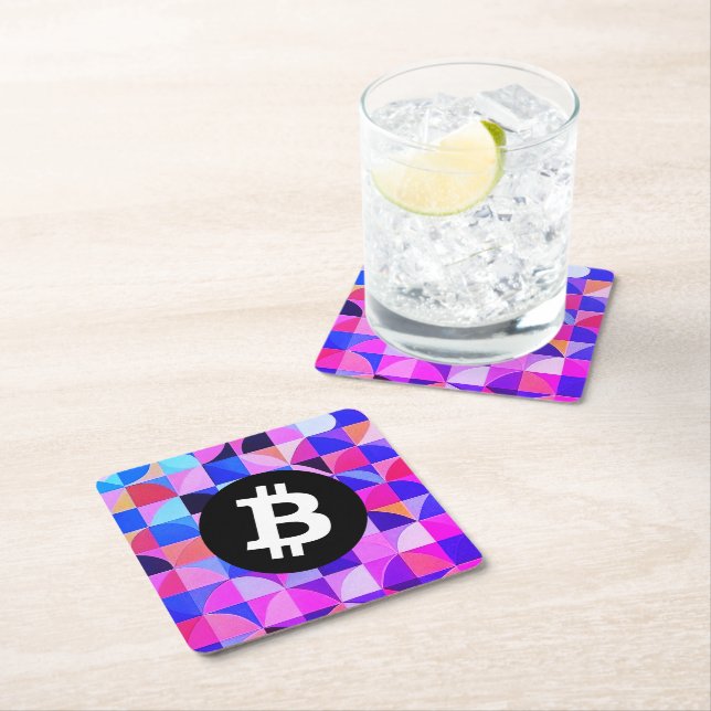 Colourful Bitcoin Pattern Square Paper Coaster (Insitu)