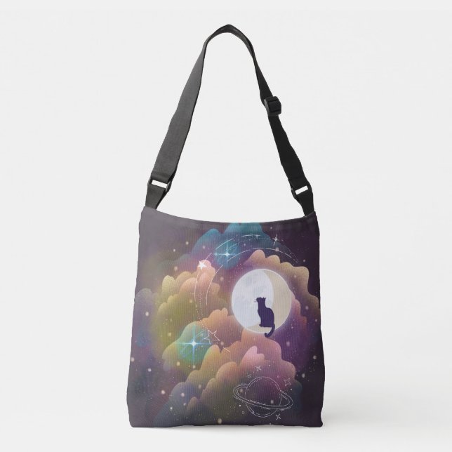 Colourful Black Cat Crescent Moon Crossbody Bag (Front)