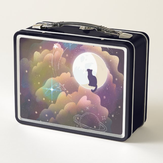 Colourful Black Cat Crescent Moon Metal Lunch Box (Back)