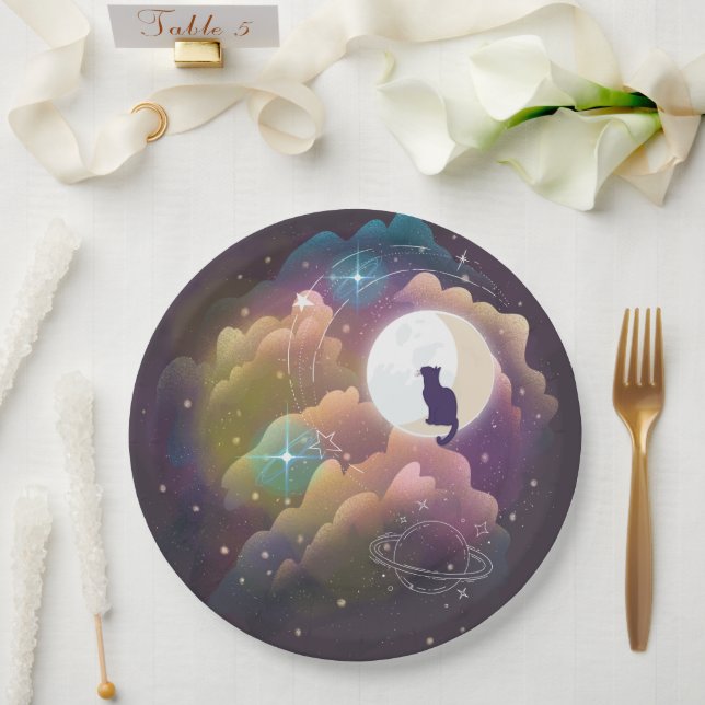 Colourful Black Cat Crescent Moon Paper Plate (Wedding)