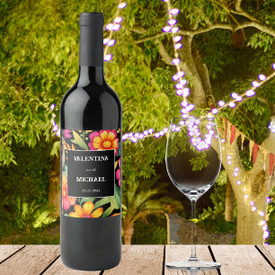 Colourful Black Floral Fiesta Mexican Wedding Wine Label