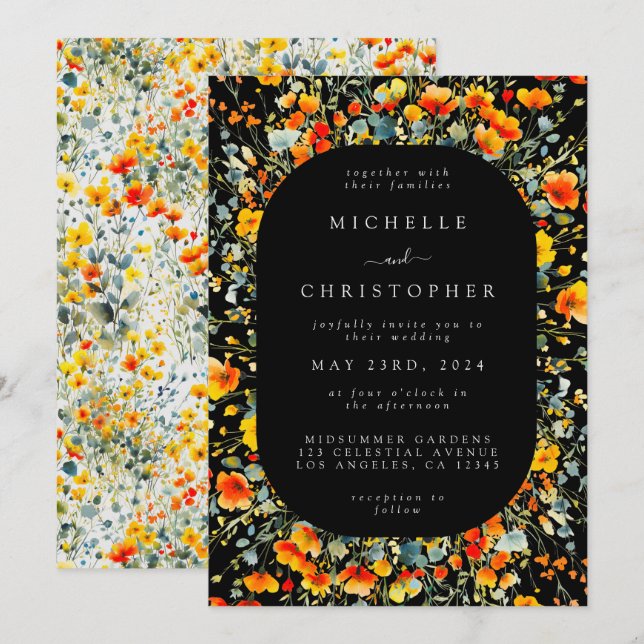 Colourful Black Floral Watercolor Wedding Invitation (Front/Back)