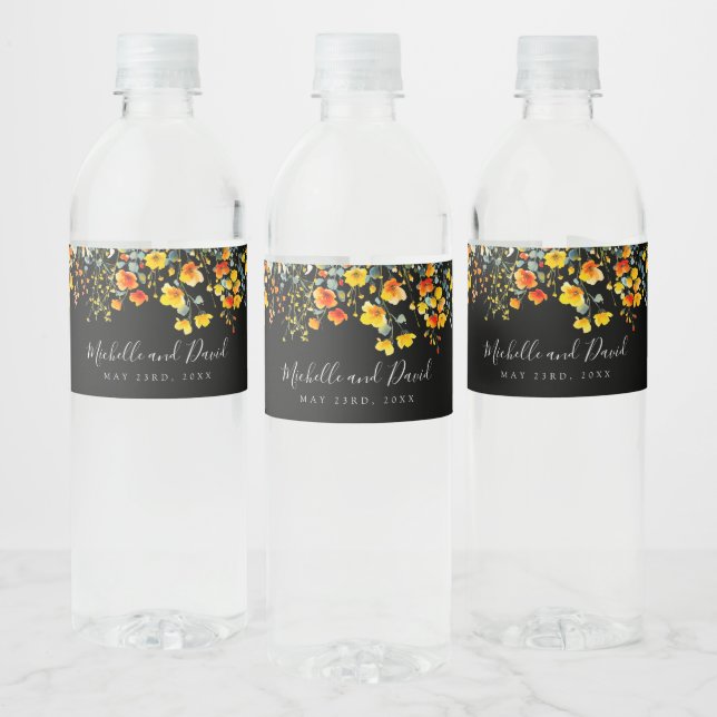 Colourful Black Floral Watercolor Wedding Water Bottle Label (Bottles)