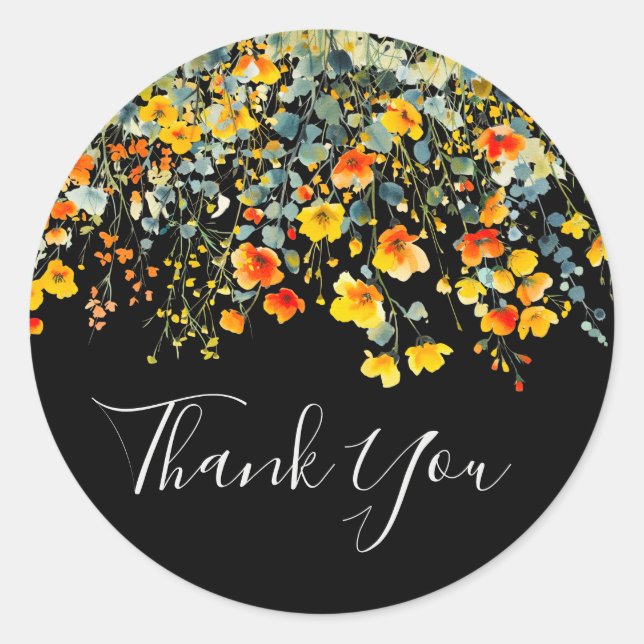 Colourful Black Floral Wedding Thank You Favour Classic Round Sticker (Front)