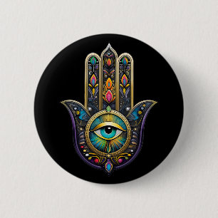 Colourful Black Gold Hamsa w/ Turquoise Third Eye 6 Cm Round Badge