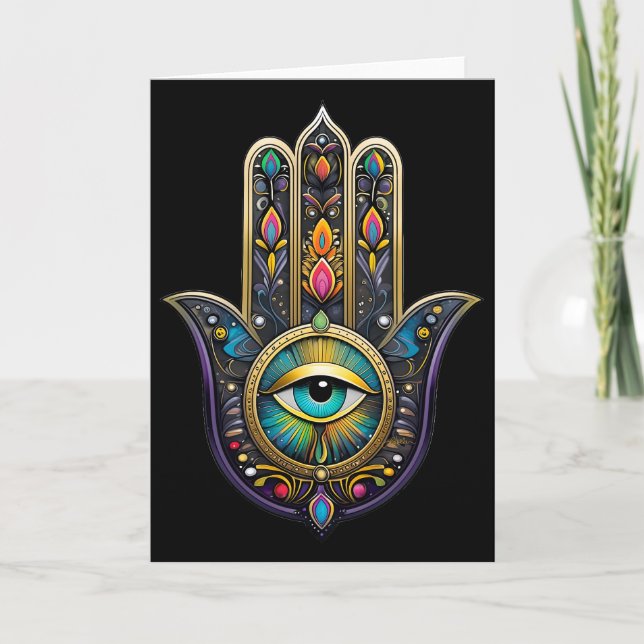 Colourful Black Gold Hamsa w/ Turquoise Third Eye Card (Front)