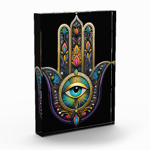 Colourful Black Gold Hamsa w/ Turquoise Third Eye Photo Block