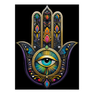 Colourful Black Gold Hamsa w/ Turquoise Third Eye Poster