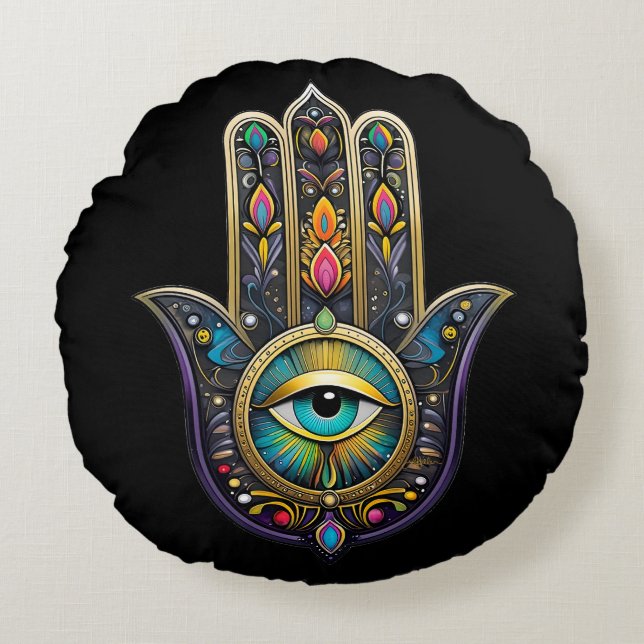 Colourful Black Gold Hamsa w/ Turquoise Third Eye Round Cushion (Front)