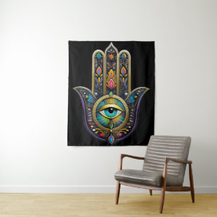 Colourful Black Gold Hamsa w/ Turquoise Third Eye Tapestry