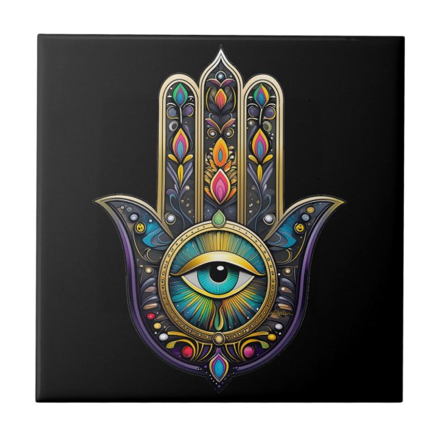 Colourful Black Gold Hamsa w/ Turquoise Third Eye Tile (Front)