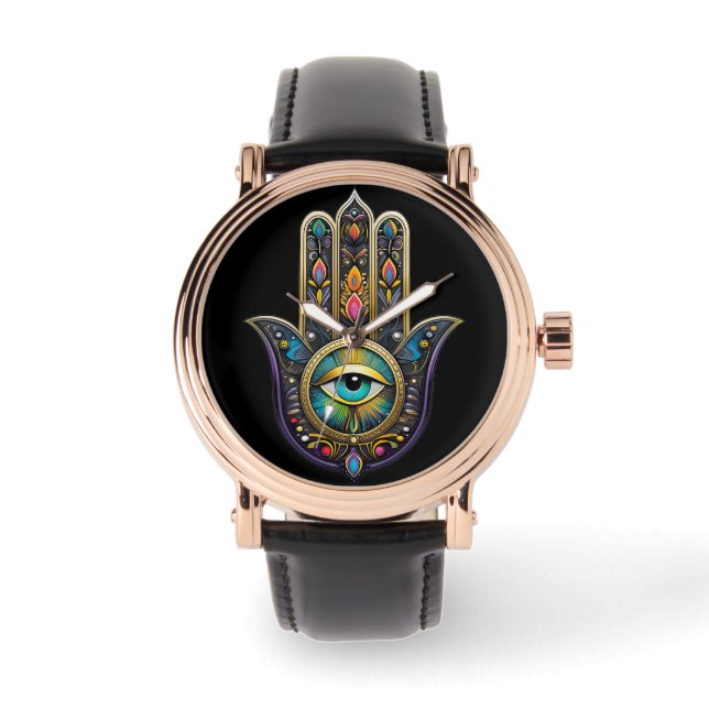 Colourful Black Gold Hamsa w/ Turquoise Third Eye Watch (Front)