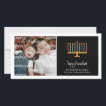 Colourful Black Menorah Hanukkah Holiday Card<br><div class="desc">Here's a fun graphic look for a Hanukkah photocard. A colourful menorah highlights a striped light blue panel with your special message underneath. Add a photo and customise the text as you like. Available in alternate colours with matching products.  



 



 


com</div>