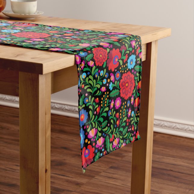 Colourful Black Mexican Embroidery Pattern Medium Table Runner (In Situ)