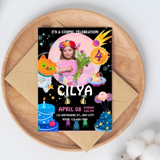 Colourful Black Space Themed Birthday Party Invita Invitation (Colorful Black Space Themed Birthday Party Invitat Invitation)