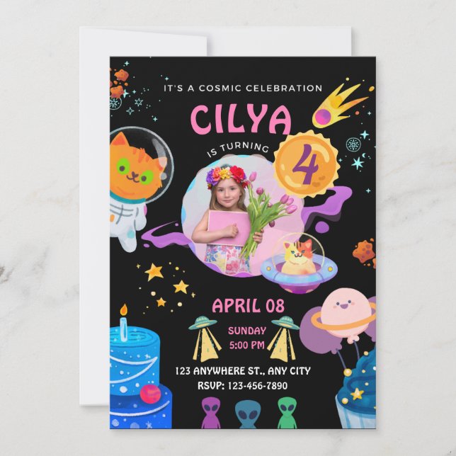 Colourful Black Space Themed Birthday Party Invitation (Front)