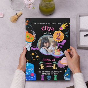 Colourful Black Space Themed Birthday Party Invitation