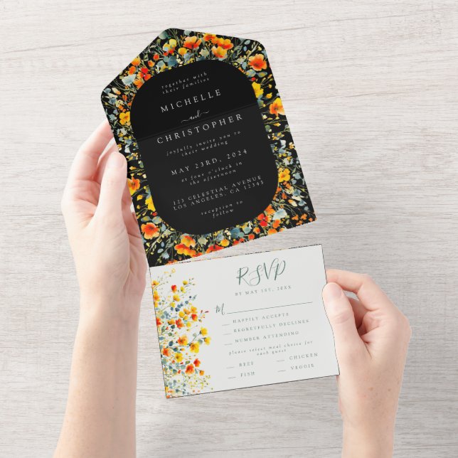 Colourful Black Summer Floral Wedding All In One Invitation (Tearaway)